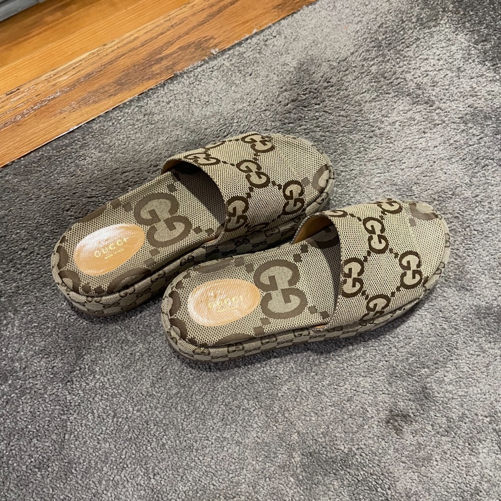 Gucci Beige Monogram Platform Clogs - image 2